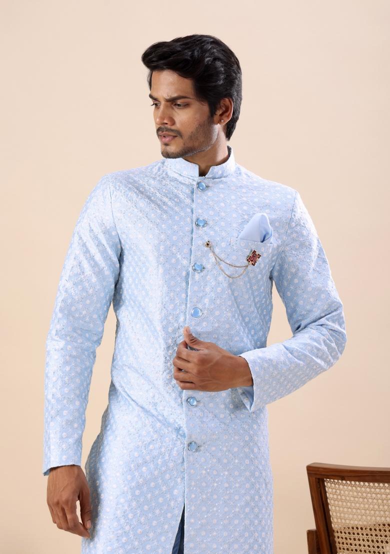 Sky Blue Embroidery Silk Indo Western For Men - Indya