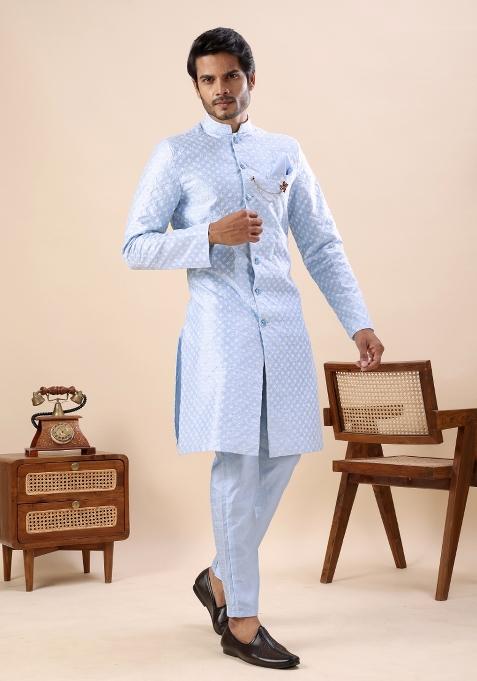 Sky Blue Embroidery Silk Indo Western For Men