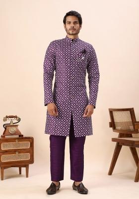Wine Embroidery Silk Indo Western For Men