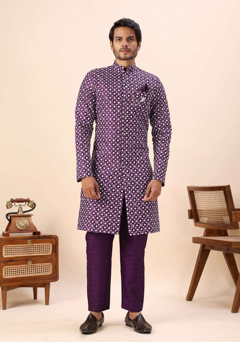 Wine Embroidery Silk Indo Western For Men - Indya