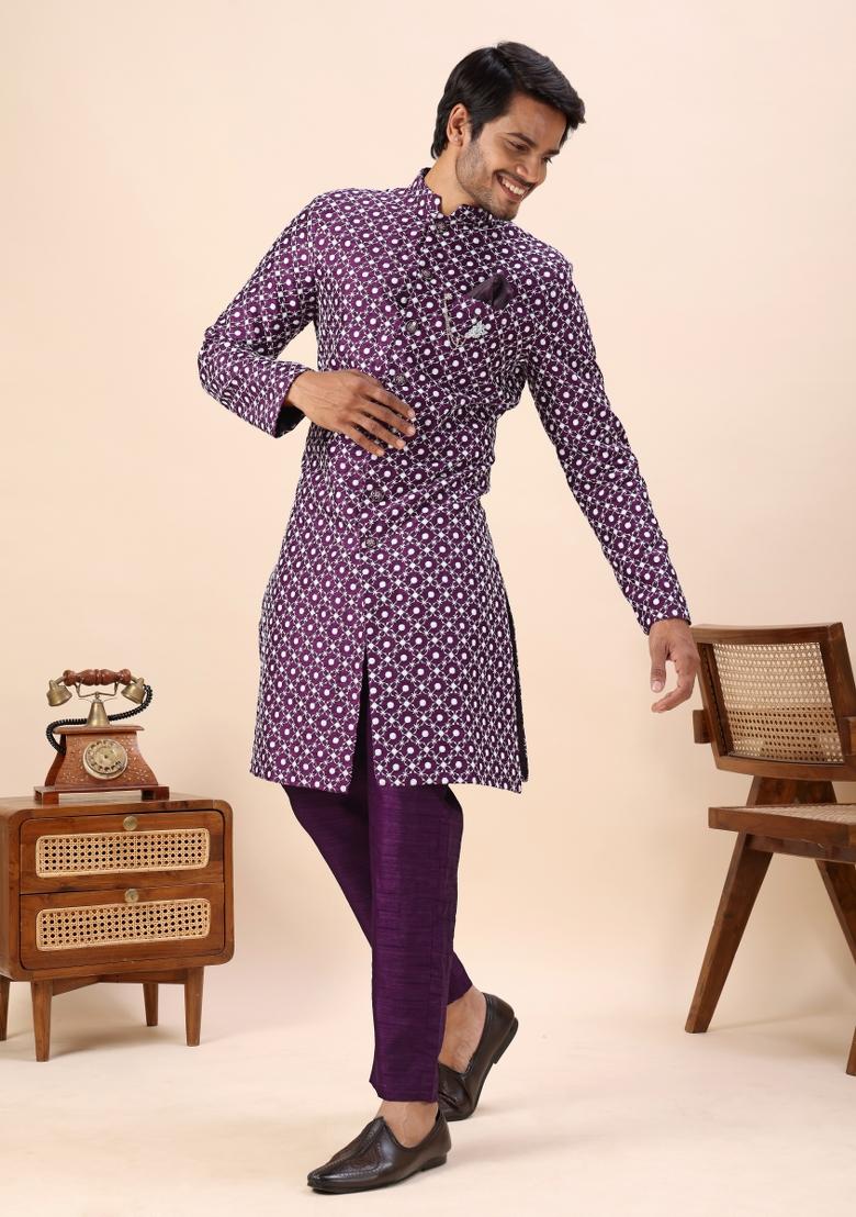 Wine Embroidery Silk Indo Western For Men - Indya