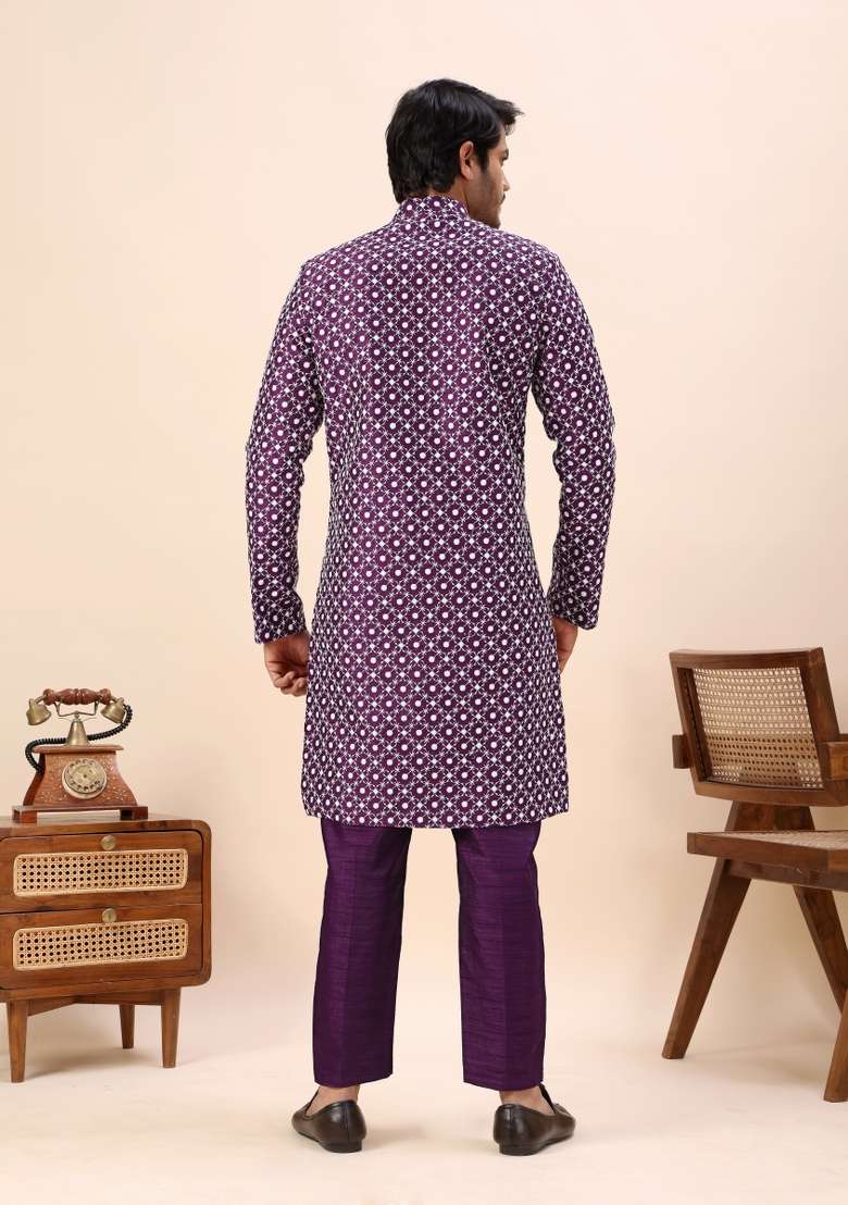 Wine Embroidery Silk Indo Western For Men - Indya