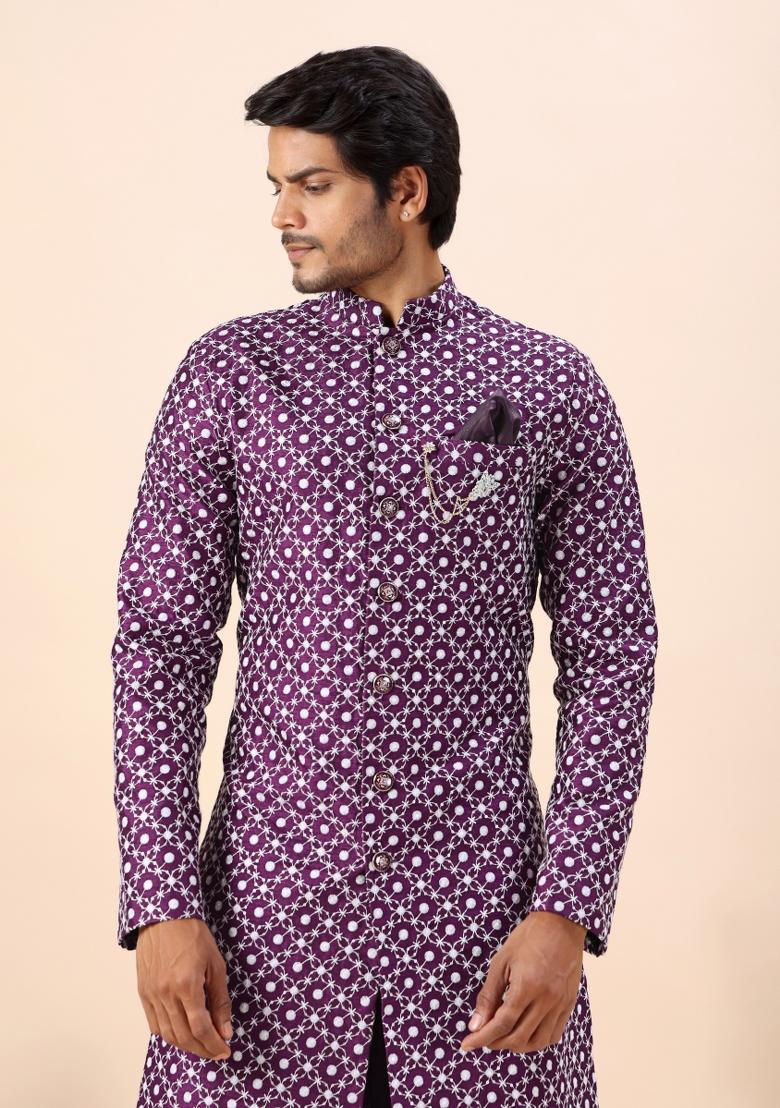 Wine Embroidery Silk Indo Western For Men - Indya