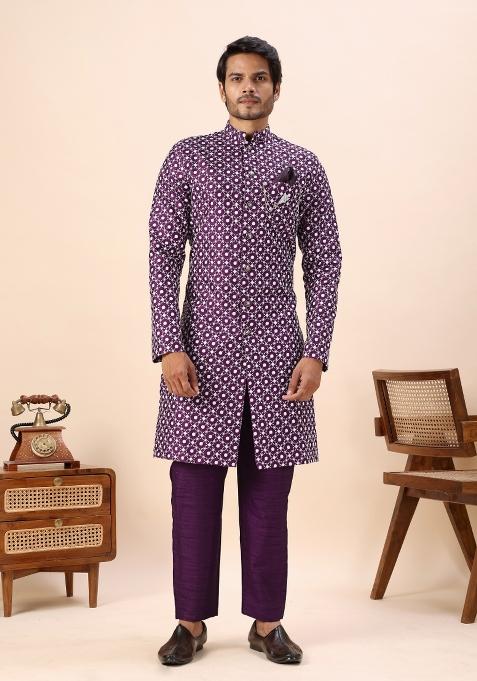 Wine Embroidery Silk Indo Western For Men