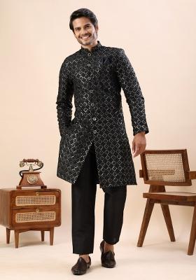 Black Embroidery Silk Indo Western For Men