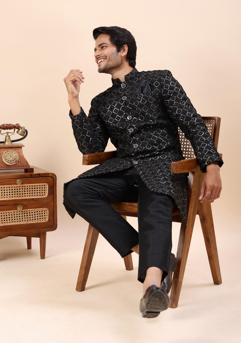 Black Embroidery Silk Indo Western For Men - Indya