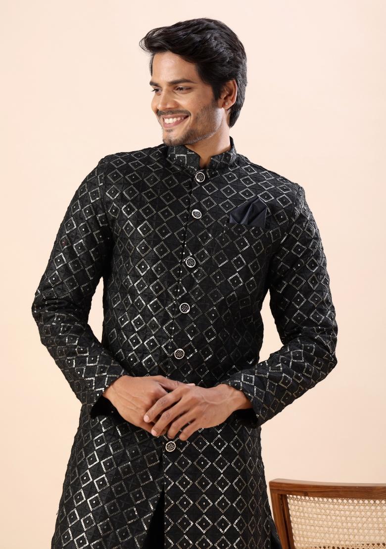 Black Embroidery Silk Indo Western For Men - Indya