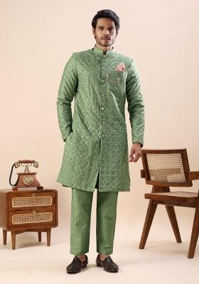 Green Embroidery Silk Indo Western For Men