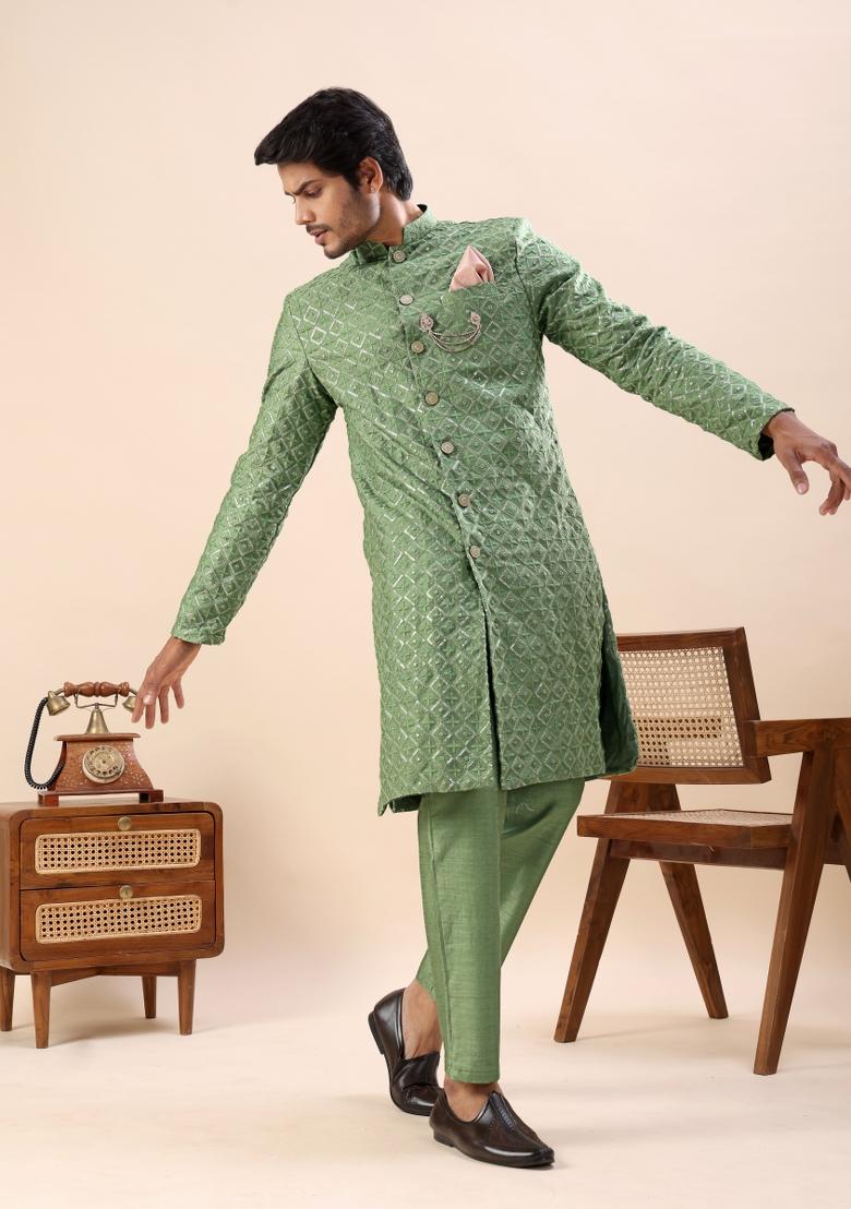 Green Embroidery Silk Indo Western For Men - Indya