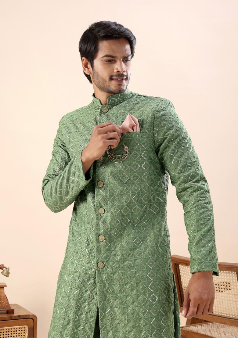 Green Embroidery Silk Indo Western For Men - Indya