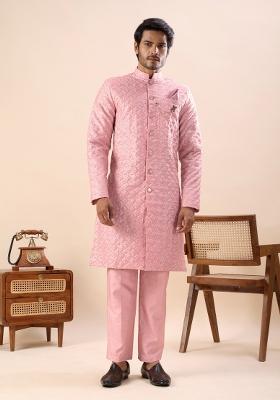 Pink Embroidery Silk Indo Western For Men