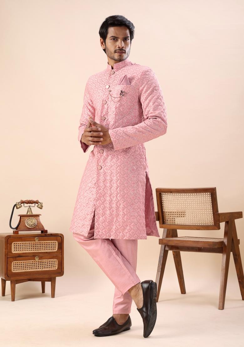 Pink Embroidery Silk Indo Western For Men - Indya