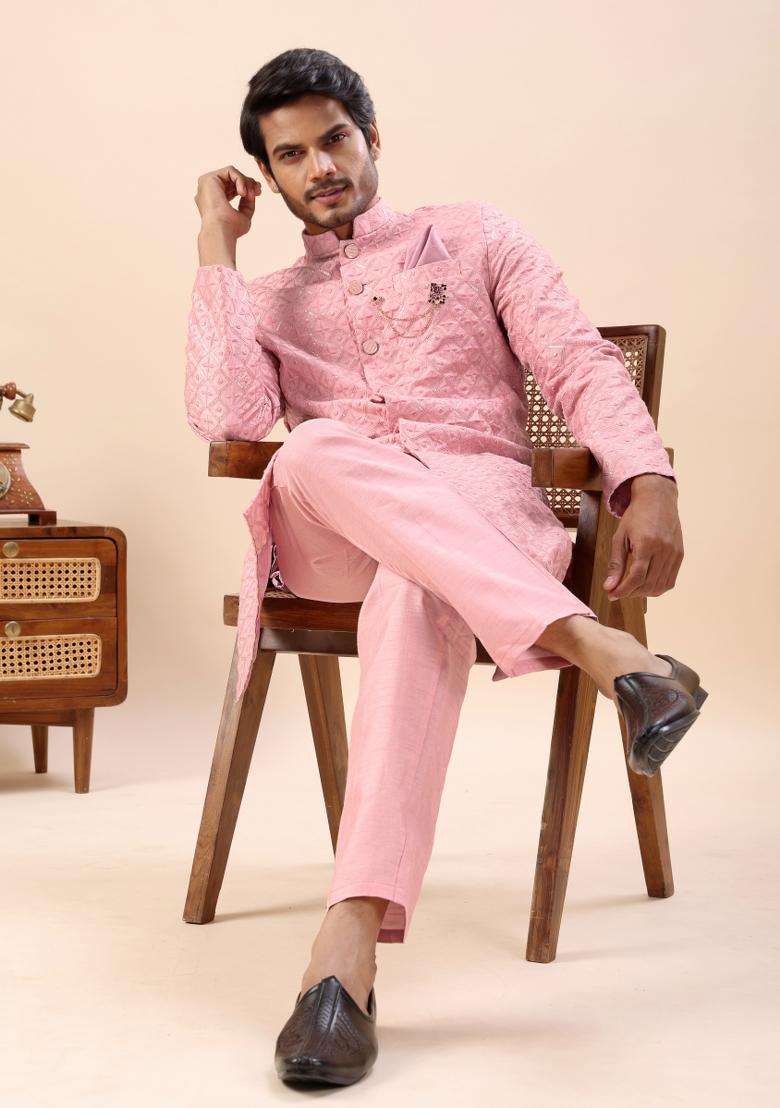 Pink Embroidery Silk Indo Western For Men - Indya