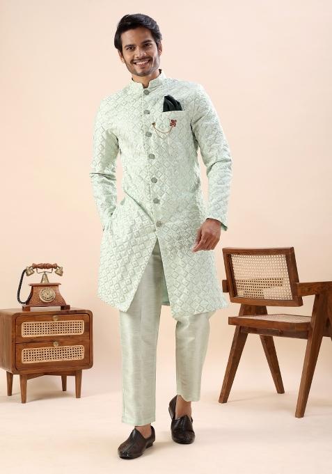 Pista Embroidery Silk Indo Western For Men