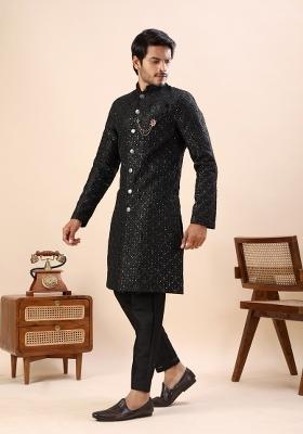 Black Embroidery Silk Indo Western For Men