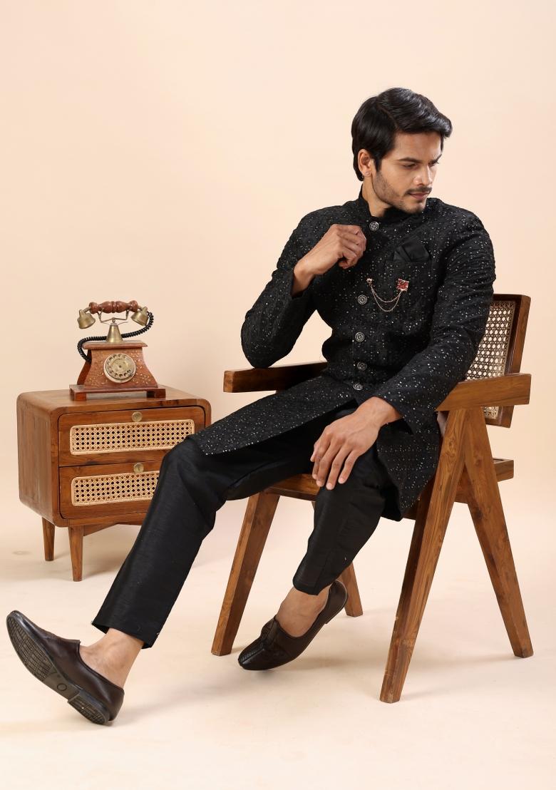 Black Embroidery Silk Indo Western For Men - Indya