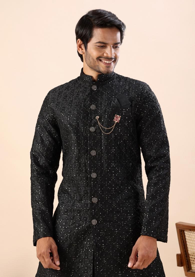 Black Embroidery Silk Indo Western For Men - Indya