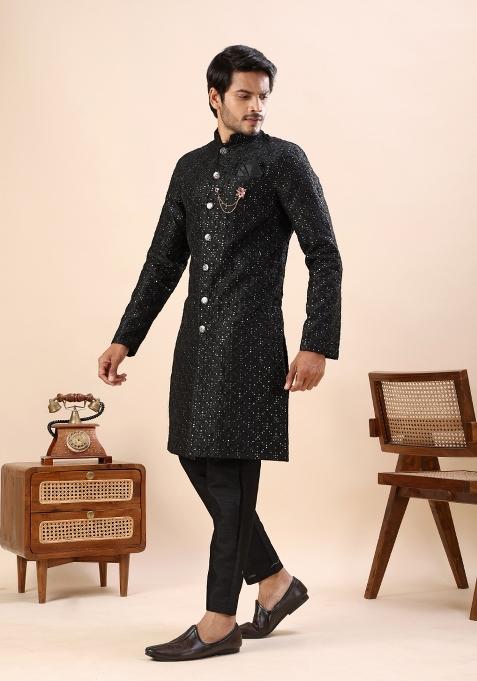 Black Embroidery Silk Indo Western For Men