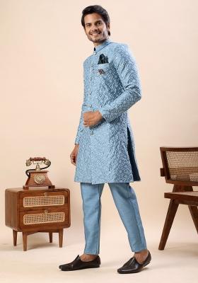 Blue Embroidery Silk Indo Western For Men
