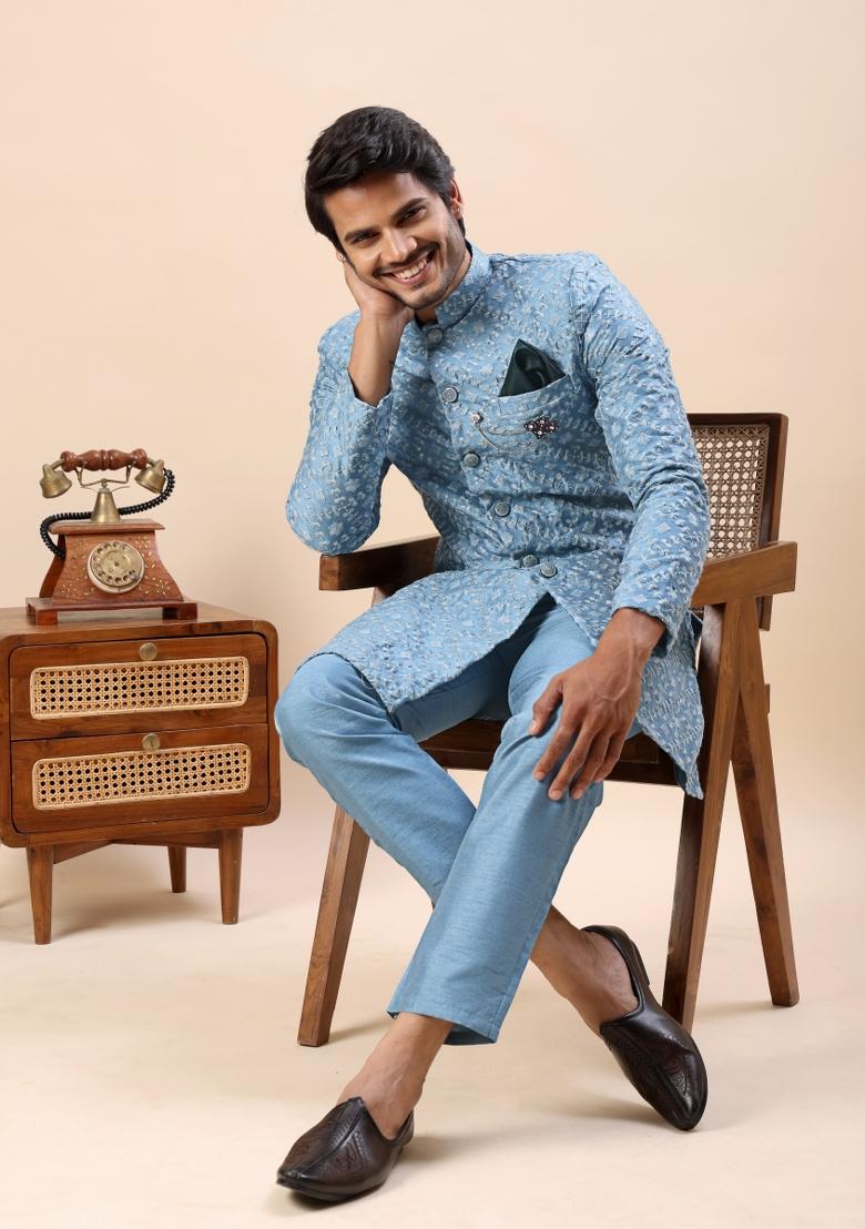 Blue Embroidery Silk Indo Western For Men - Indya