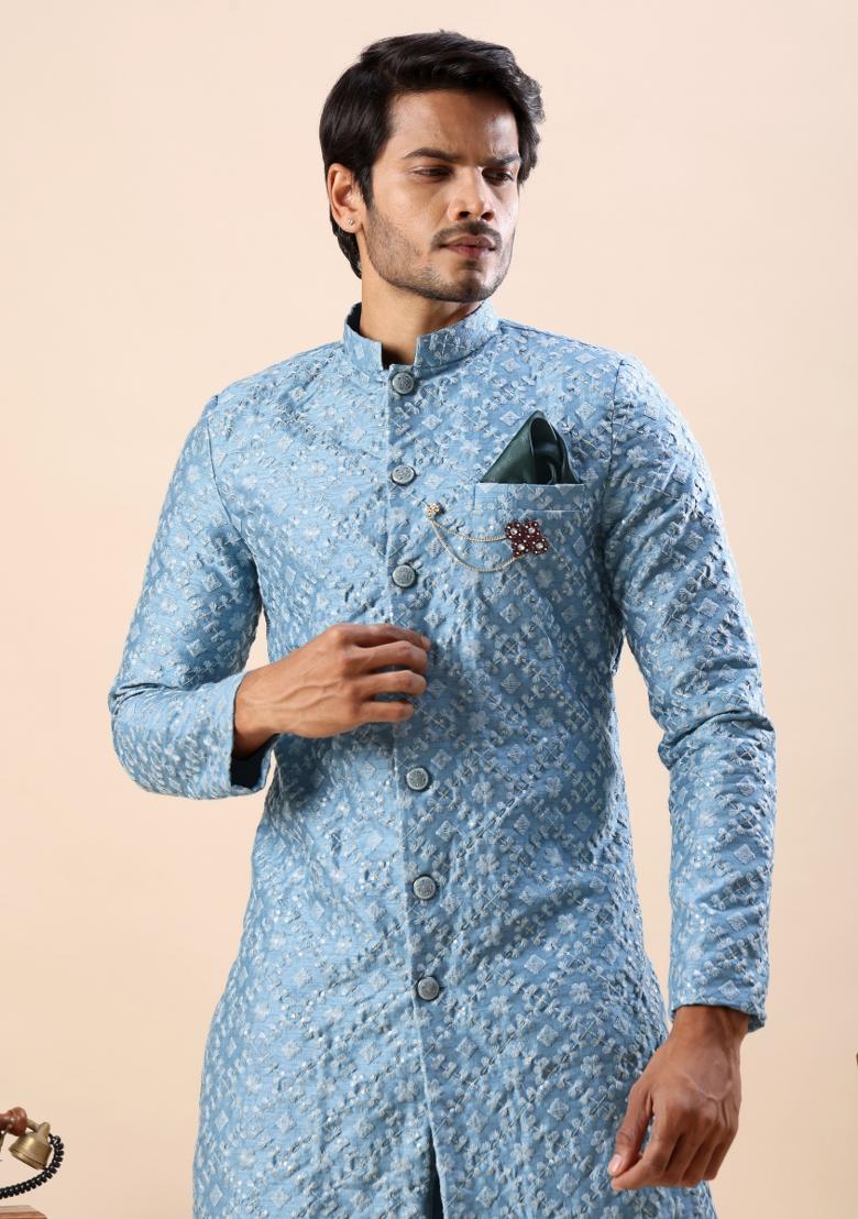 Blue Embroidery Silk Indo Western For Men - Indya
