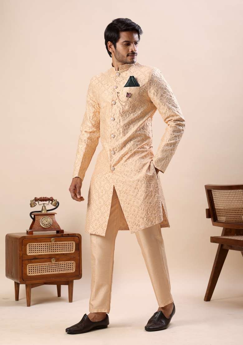 Orange Embroidery Silk Indo Western For Men - Indya