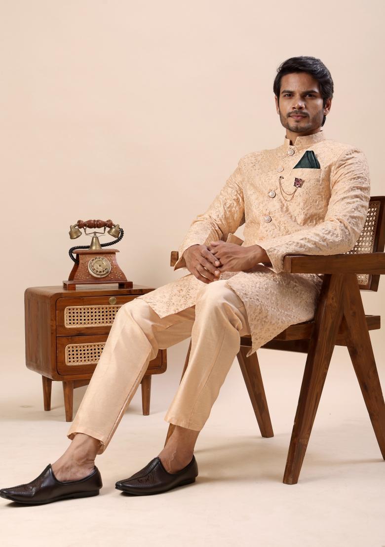 Orange Embroidery Silk Indo Western For Men - Indya