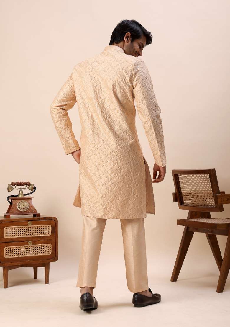 Orange Embroidery Silk Indo Western For Men - Indya