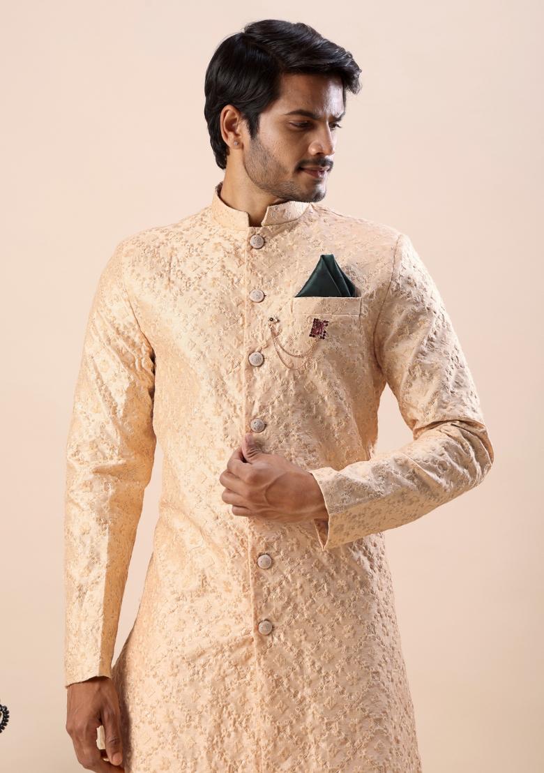 Orange Embroidery Silk Indo Western For Men - Indya