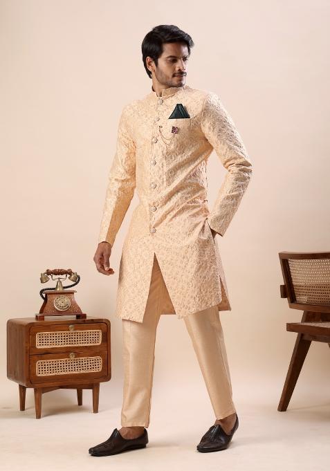 Orange Embroidery Silk Indo Western For Men