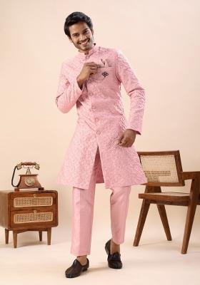 Peach Embroidery Silk Indo Western For Men