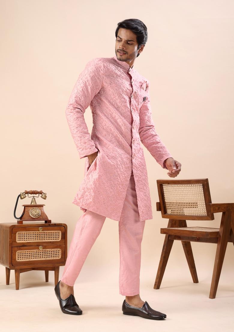 Peach Embroidery Silk Indo Western For Men - Indya