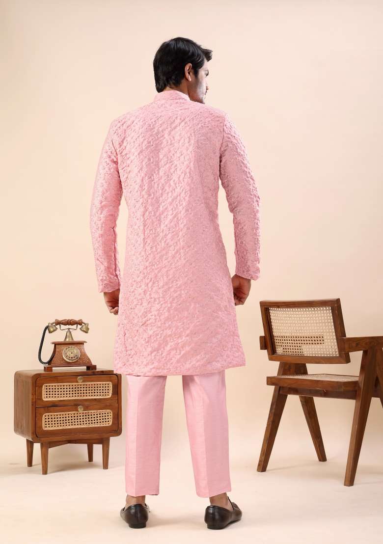 Peach Embroidery Silk Indo Western For Men - Indya