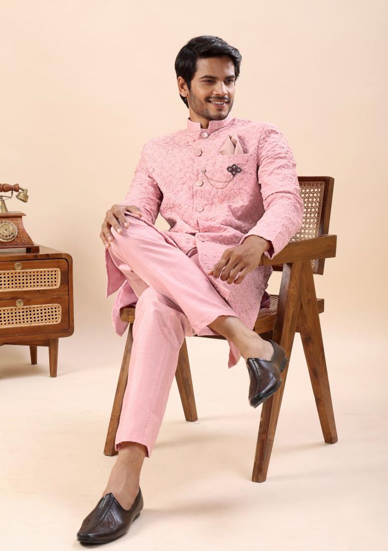 Peach Embroidery Silk Indo Western For Men - Indya