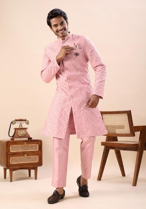 Peach Embroidery Silk Indo Western For Men