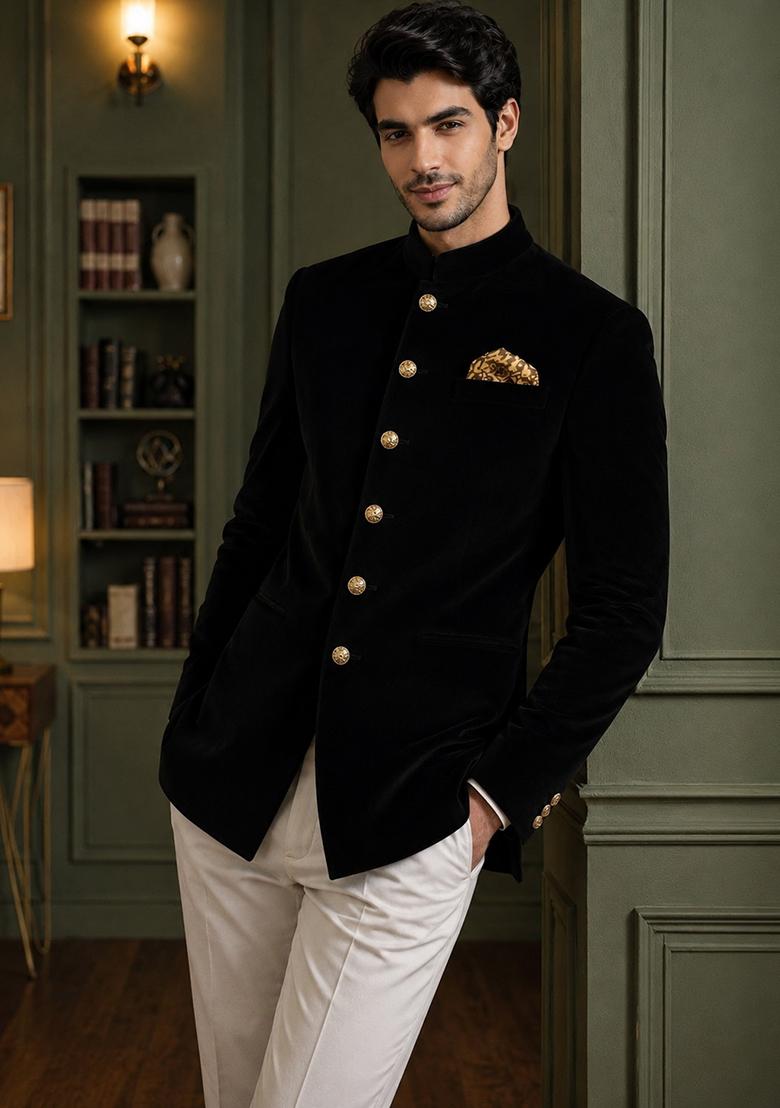Black Solid Velvet Jodhpuri For Men - Indya