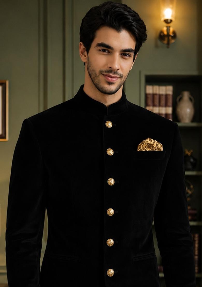 Black Solid Velvet Jodhpuri For Men - Indya