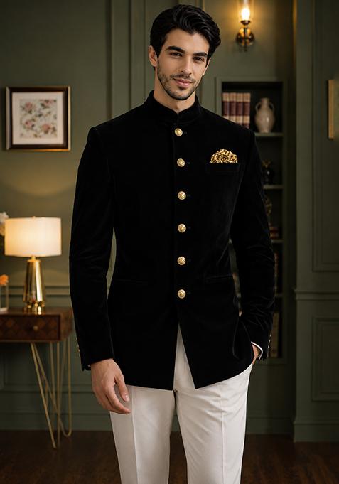 Black Solid Velvet Jodhpuri For Men