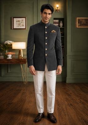 Dark Grey Solid Velvet Jodhpuri For Men