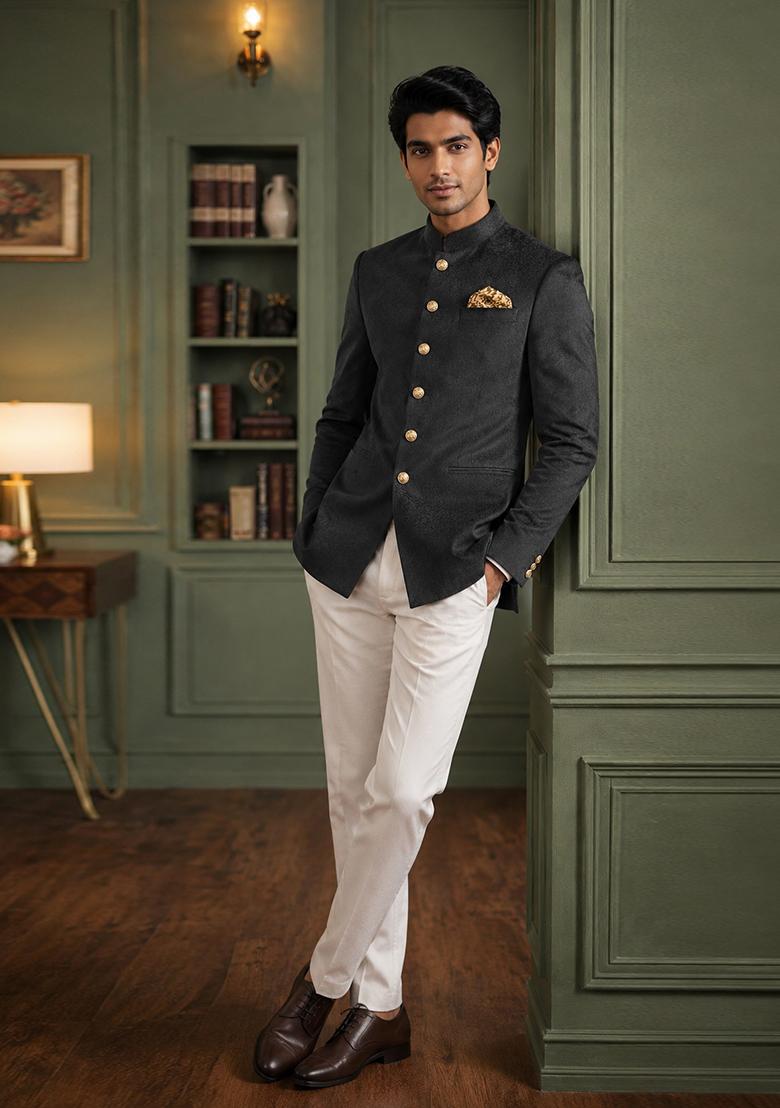 Dark Grey Solid Velvet Jodhpuri For Men - Indya