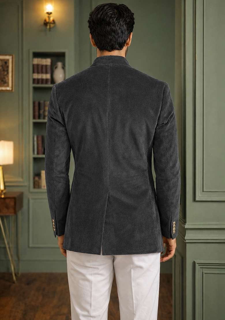 Dark Grey Solid Velvet Jodhpuri For Men - Indya