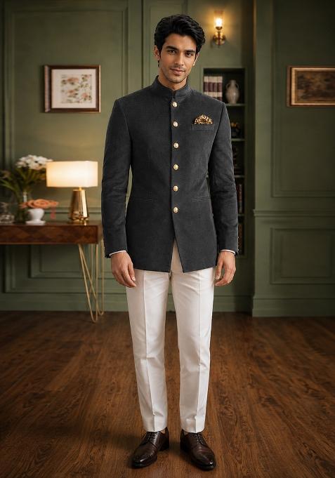 Dark Grey Solid Velvet Jodhpuri For Men
