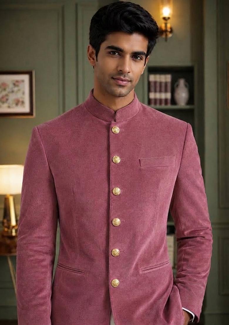 Light Onion Solid Velvet Jodhpuri For Men - Indya