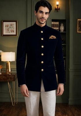 Nevy Blue Solid Velvet Jodhpuri For Men