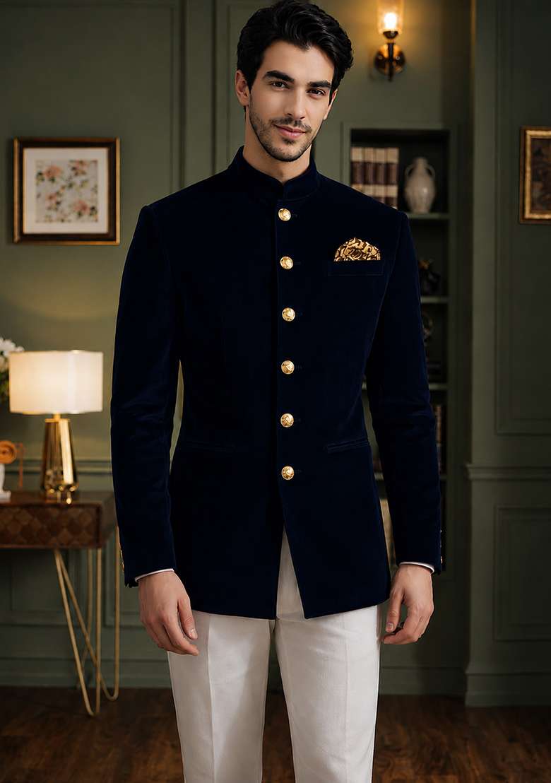 Nevy Blue Solid Velvet Jodhpuri For Men - Indya