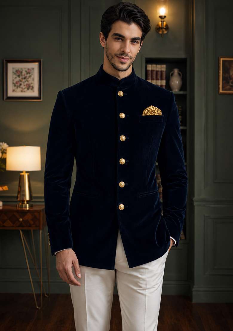 Nevy Blue Solid Velvet Jodhpuri For Men - Indya