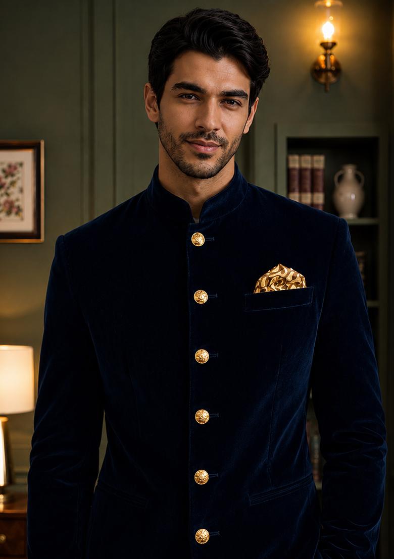 Nevy Blue Solid Velvet Jodhpuri For Men - Indya
