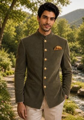 Olive Grey Solid Velvet Jodhpuri For Men
