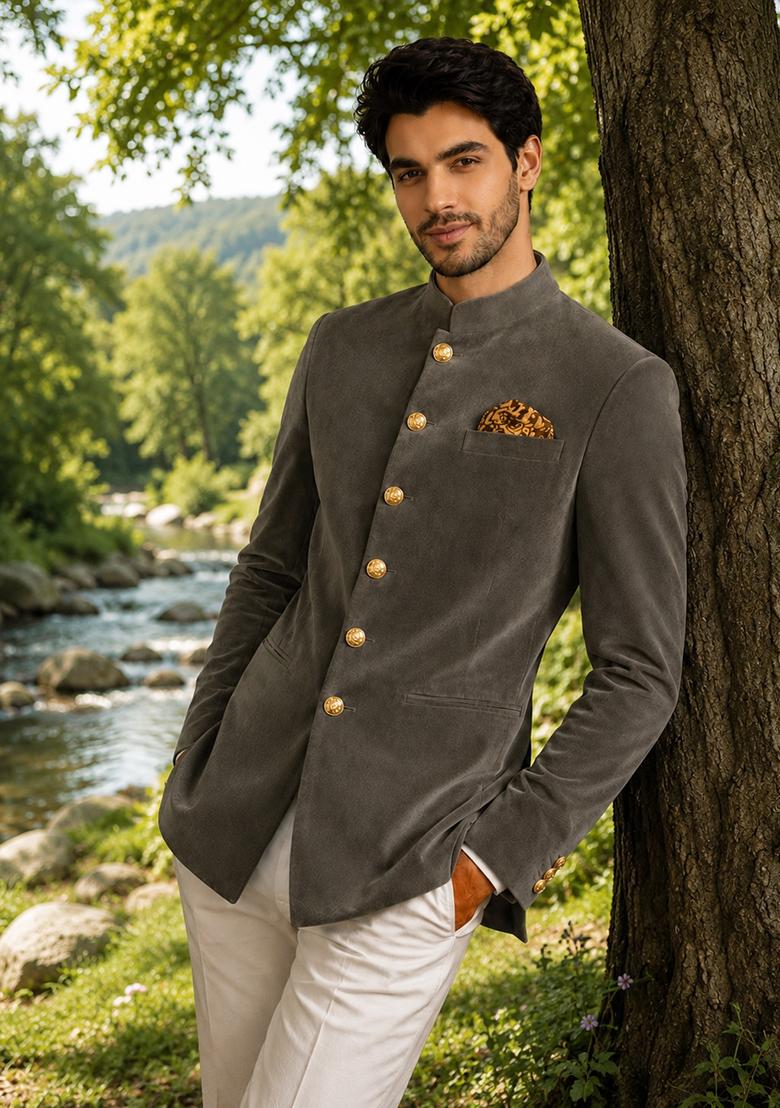 Olive Grey Solid Velvet Jodhpuri For Men - Indya