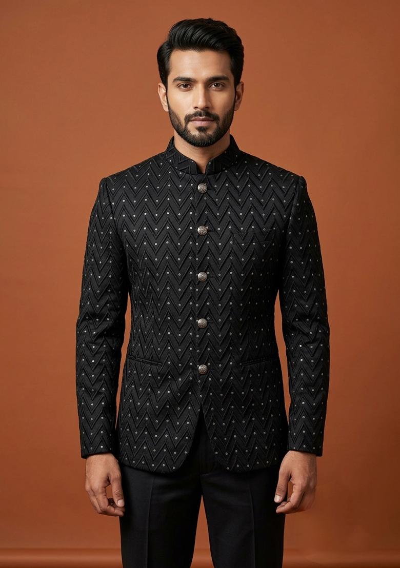 Black Embroidery Silk Bandhgala For Men - Indya